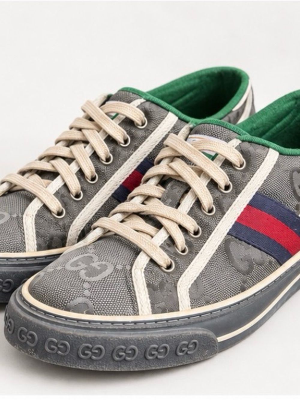 Gucci Gray Monogram Sneakers with Red & Blue Stripe and Green Lining